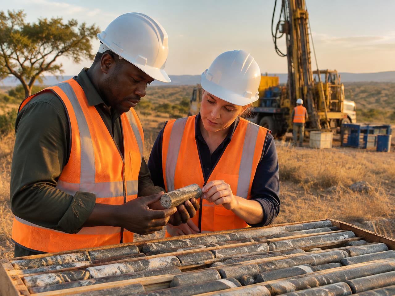 Geologists examining drill core samples at an exploration site