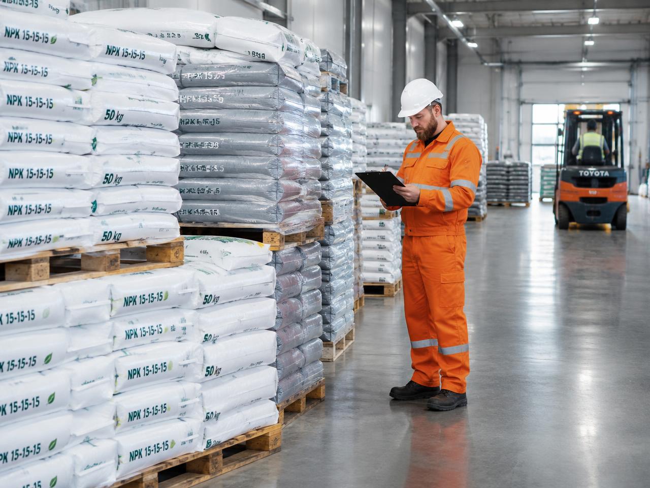Fertilizer bags stacked in a supply warehouse
