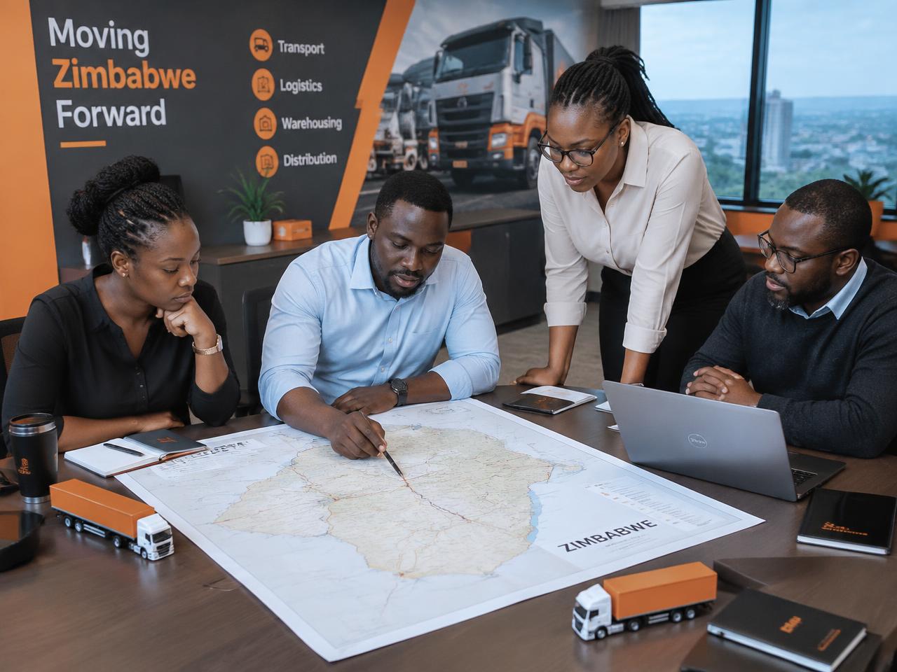 Keshidale operations team planning routes over a map of Zimbabwe