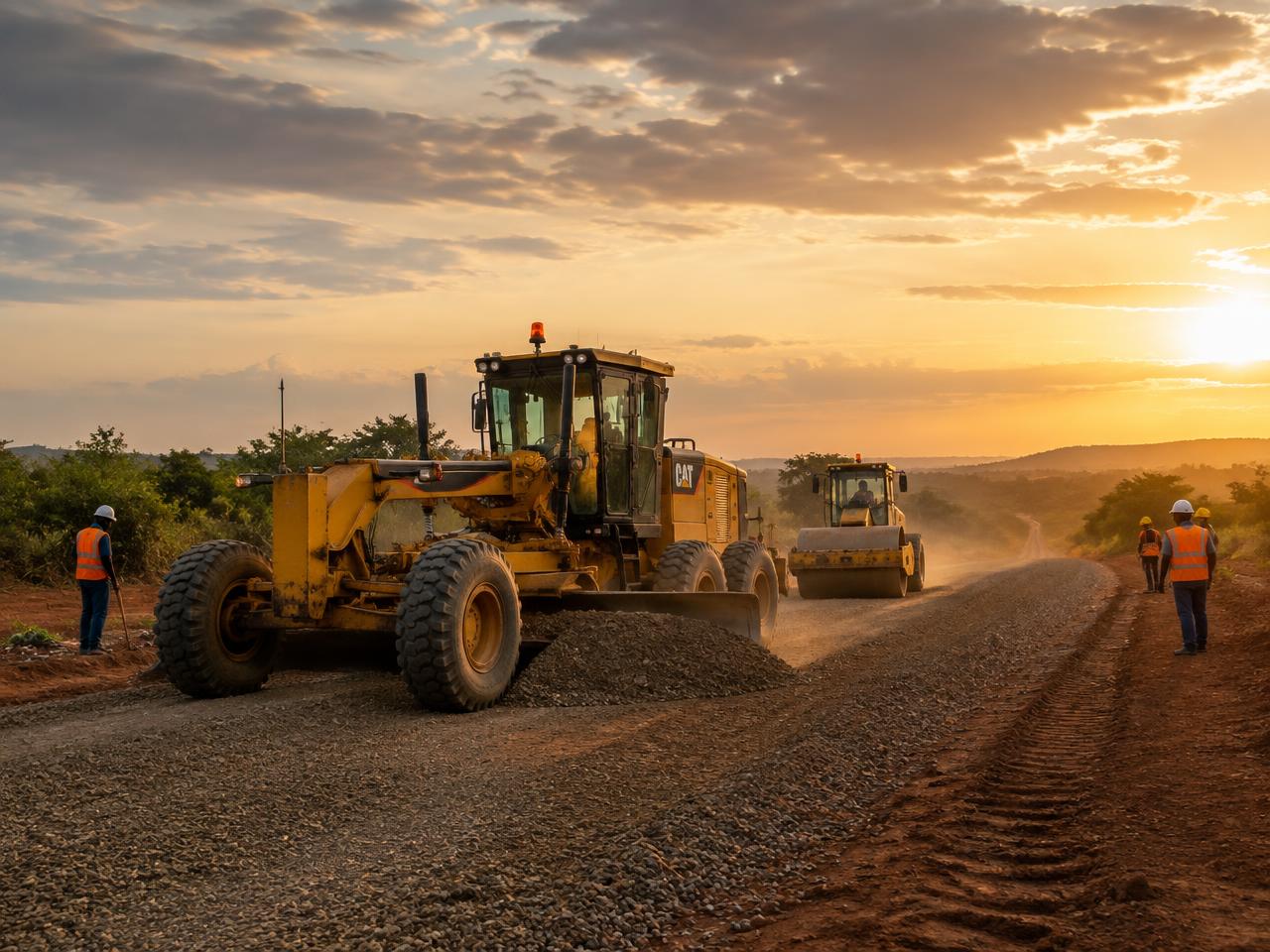 Grader and roller building a new road at sunset